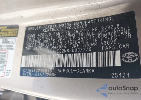 2005 Toyota Camry Le from USA, damaged, VIN 4T1BE32K85U087779